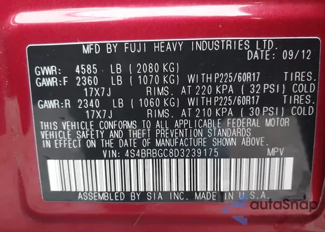 2013 Subaru Outback 2.5I Premium z USA, uszkodzony, nr VIN 4S4BRBGC8D3239175